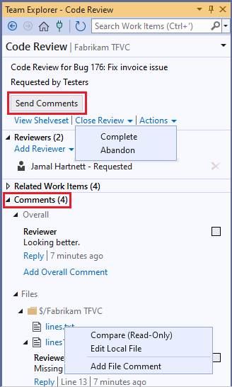 Screenshot della risposta a una revisione del codice.