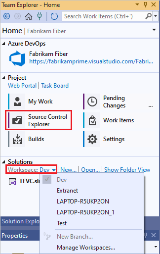 Screenshot che mostra Team Explorer, in cui è possibile selezionare Esplora controllo del codice sorgente o Gestisci aree di lavoro.