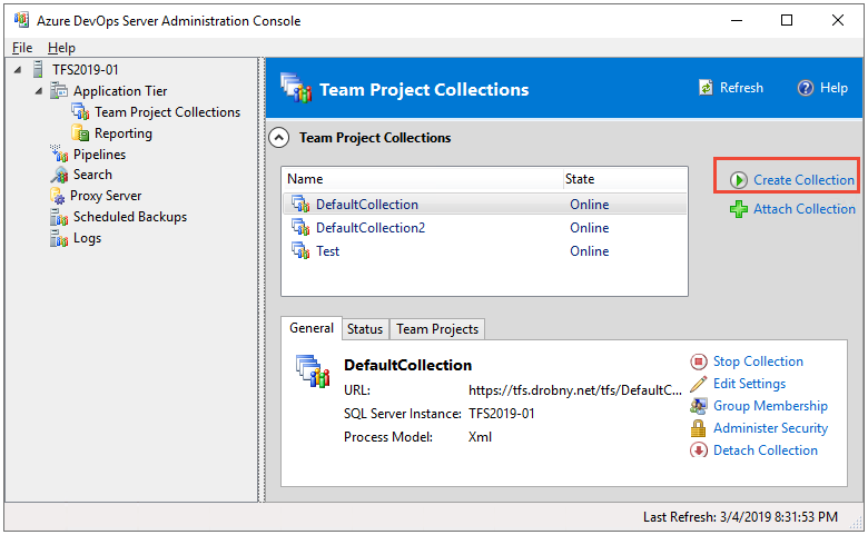 Screenshot della console di amministrazione di Azure DevOps Server con l'opzione Crea raccolta evidenziata.