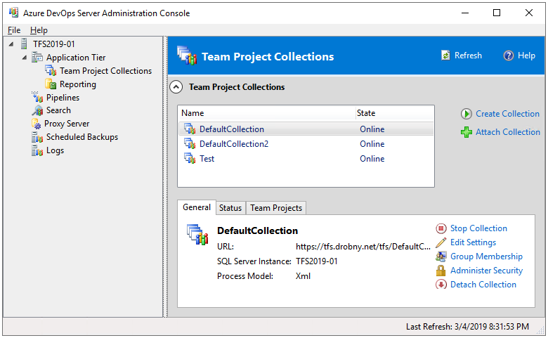 Screenshot di Amministrazione Console, nodo Raccolte progetti team, Azure DevOps Server 2019-2020.