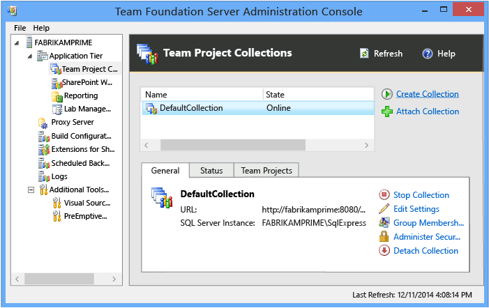 Screenshot del nodo Console Amministrazione Team Project Collections, TFS-2018.