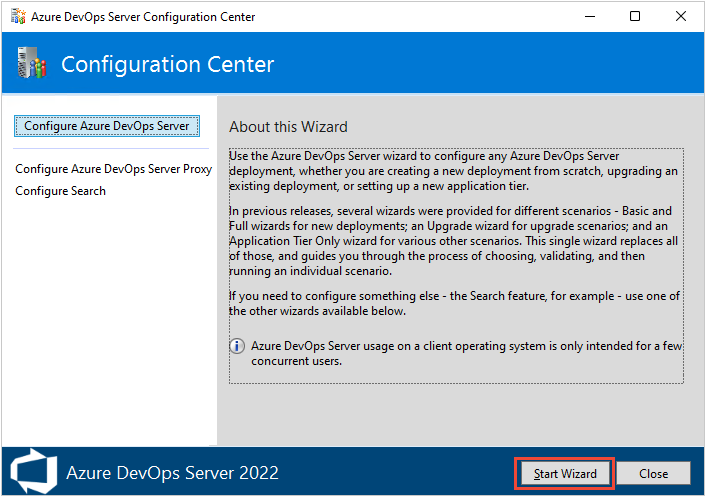 Screenshot di Configuration Center, Start Wizard, Start Wizard, Azure DevOps Server 2022.