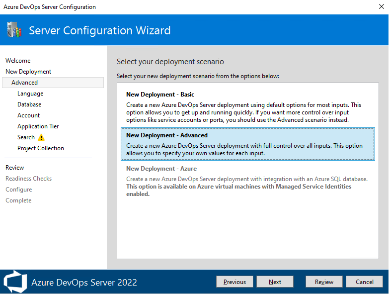 Screenshot della Configurazione guidata server, Nuova distribuzione, Opzione Avanzata selezionata, 2022.
