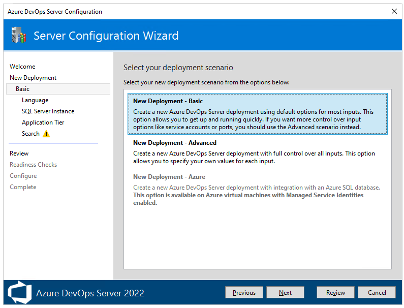 Screenshot della Configurazione guidata server, Nuova distribuzione, opzione Basic selezionata, 2022.