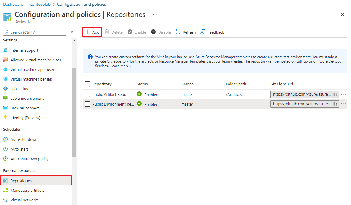 Screenshot che mostra la schermata di configurazione Repository.