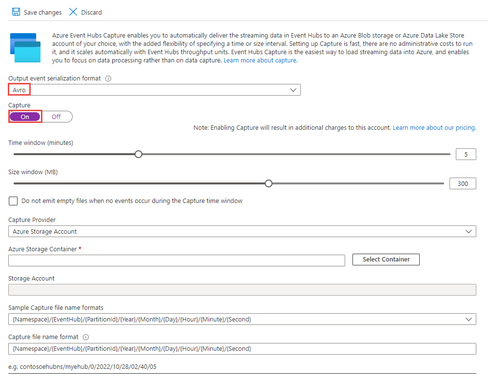 Screenshot che mostra la pagina Acquisisci per l'hub eventi con la funzionalità Di acquisizione abilitata.