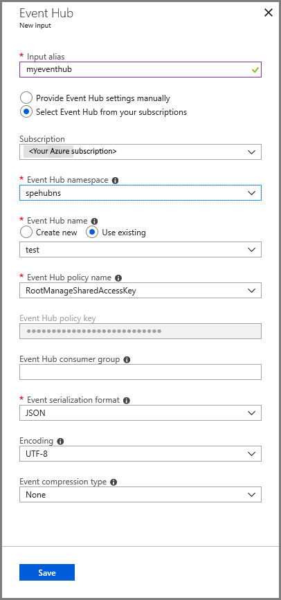 Configurazione dell'input dell'hub eventi