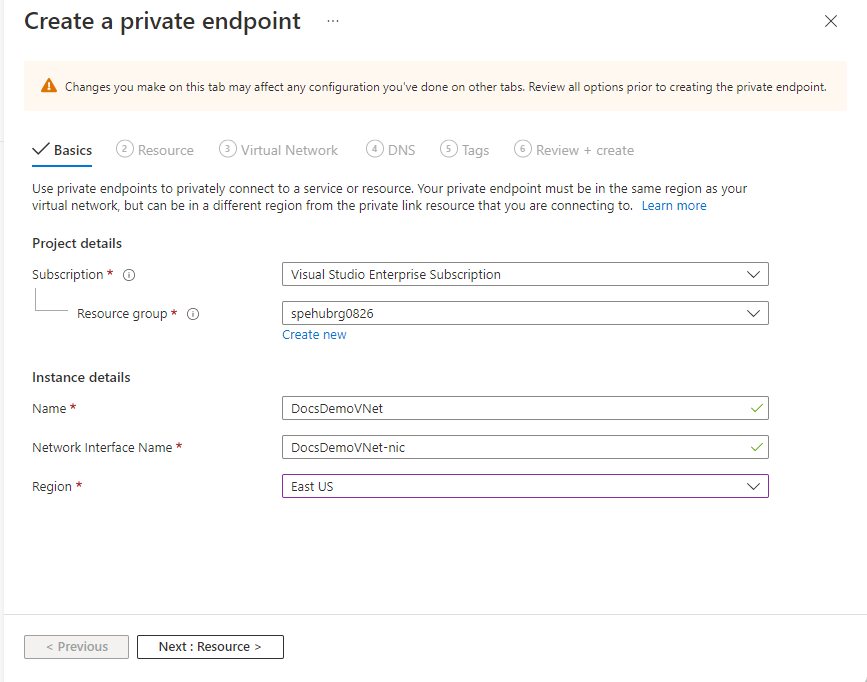 Screenshot che mostra la pagina Nozioni di base della procedura guidata Crea endpoint privato.