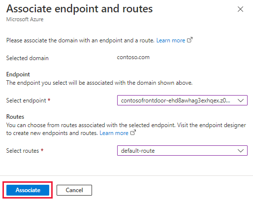 Screenshot che mostra l'endpoint associato e il riquadro di route per un dominio.