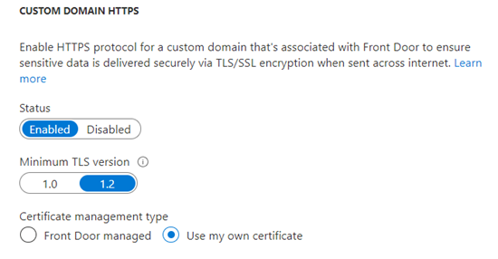 Screenshot che mostra le impostazioni HTTPS del dominio personalizzato