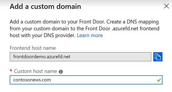 Screenshot che mostra il riquadro Aggiungi un dominio personalizzato.