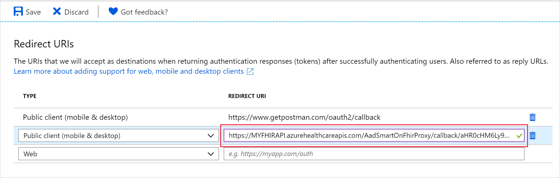 Screenshot che mostra come configurare l'URL di risposta per il client pubblico.