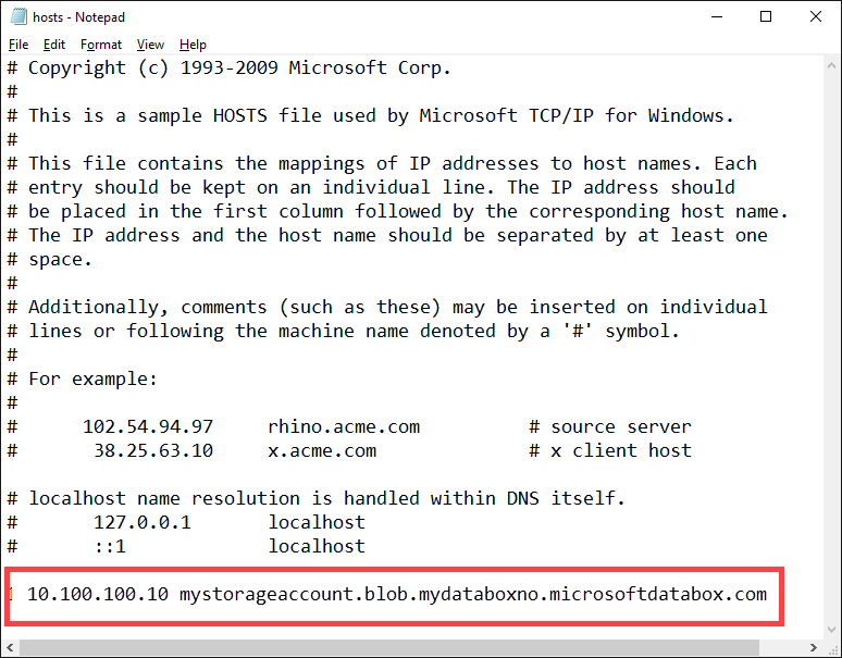 Screenshot che mostra un documento del Blocco note con l'indirizzo IP e l'endpoint di servizio BLOB aggiunti.
