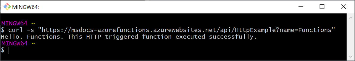 The output of the function run on Azure using curl