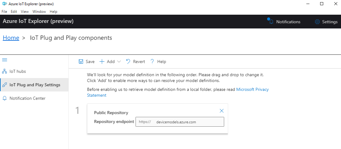 Screenshot dell'aggiunta del repository del modello pubblico in IoT Explorer.