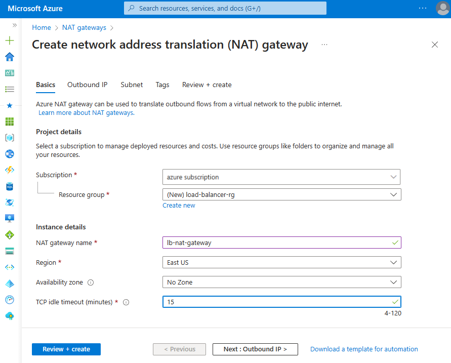 Screenshot della finestra Create network address translation gateway (Crea gateway di conversione indirizzi di rete) nella portale di Azure.