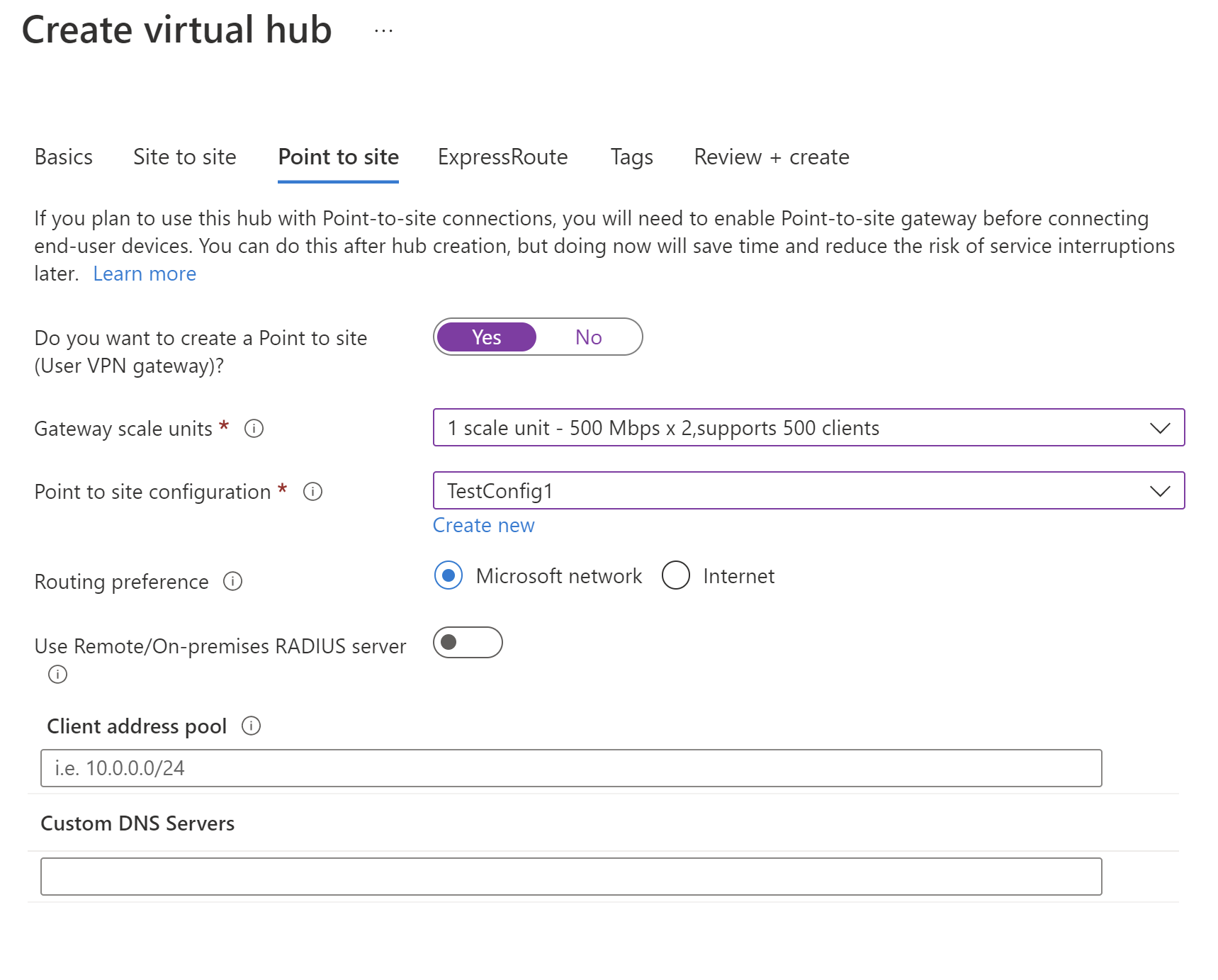 Screenshot della configurazione dell'hub virtuale con l'opzione da punto a sito selezionata.