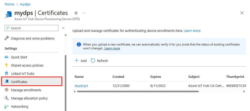 Screenshot che mostra la pagina certificati.