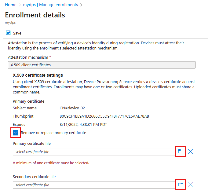 Screenshot che mostra come rimuovere un certificato e caricarne di nuovi.