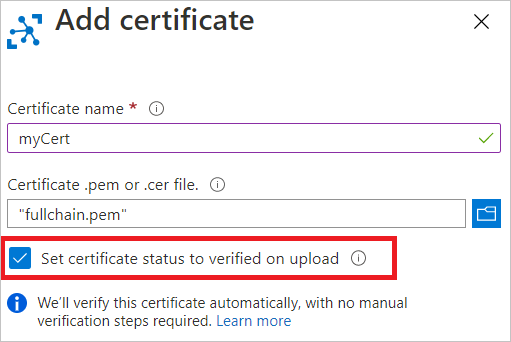 Screenshot che mostra il caricamento di un certificato e lo stato dell'impostazione per la verifica.