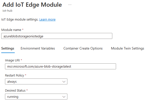Screenshot che mostra la scheda Modulo Impostazioni della pagina Aggiungi modulo IoT Edge.