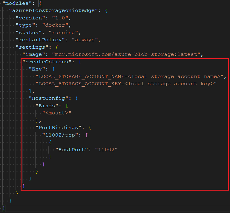 Screenshot che mostra come aggiornare il modulo createOptions in Visual Studio Code.