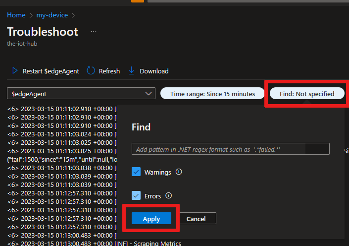 Screenshot che mostra come usare un modello regex dotnet per eseguire ricerche nei log usando il filtro Trova.