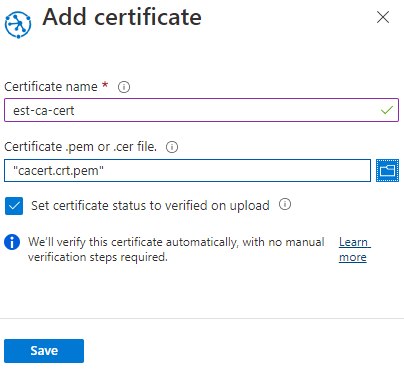Screenshot dell'aggiunta del certificato DELLA CA al servizio Device Provisioning usando il portale di Azure.