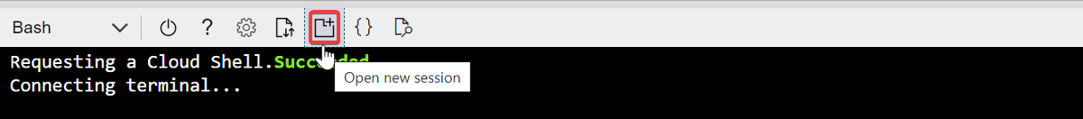 Screenshot di una finestra di Cloud Shell di Azure, che evidenzia l'icona Apri nuova sessione sulla barra degli strumenti.