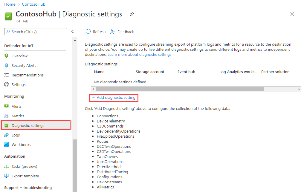 Screenshot che evidenzia l'opzione Impostazioni di diagnostica nella sezione Monitoraggio.