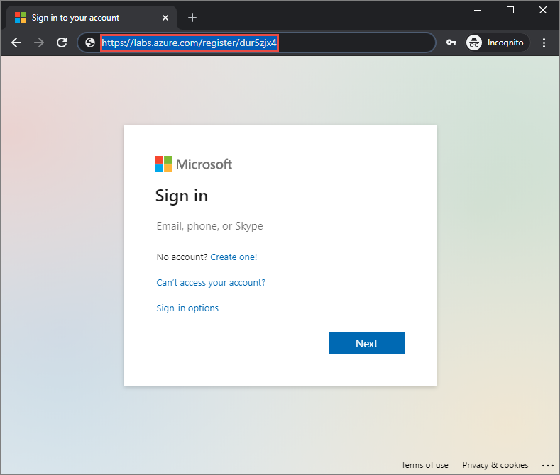 Screenshot del browser con un collegamento di registrazione di esempio per Azure Lab Services, che evidenzia il collegamento di registrazione.