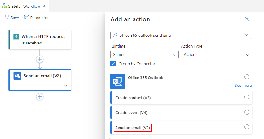 Screenshot che mostra la finestra di progettazione del flusso di lavoro e Aggiungi un riquadro azioni con l'azione di Office 365 Outlook selezionata denominata Invia un messaggio di posta elettronica.