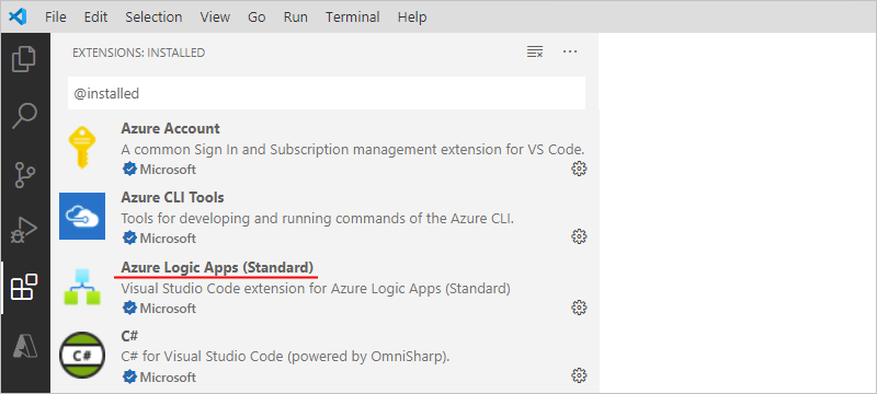 Screenshot che mostra Visual Studio Code con estensione App per la logica di Azure (Standard) installata.