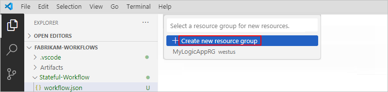Screenshot che mostra il riquadro Esplora risorse con l'elenco dei gruppi di risorse e l'opzione selezionata per creare un nuovo gruppo di risorse.