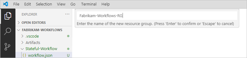 Screenshot che mostra il riquadro Esplora risorse e la casella del nome del gruppo di risorse.