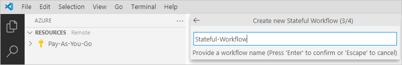 Screenshot che mostra la casella Create new Stateful Workflow (3/4) e il nome del flusso di lavoro, Stateful-Workflow.