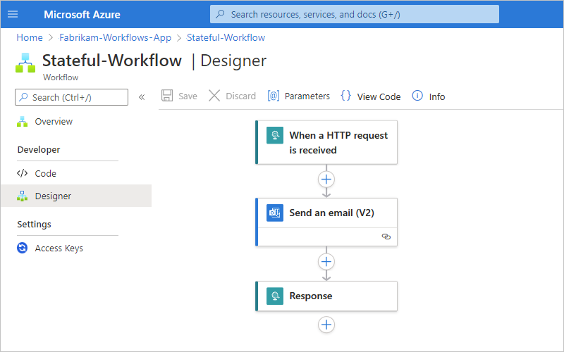 Screenshot che mostra la finestra di progettazione del flusso di lavoro e il flusso di lavoro distribuiti da Visual Studio Code.