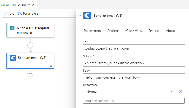 Screenshot che mostra informazioni per l'azione di Office 365 Outlook denominata Invia un messaggio di posta elettronica.