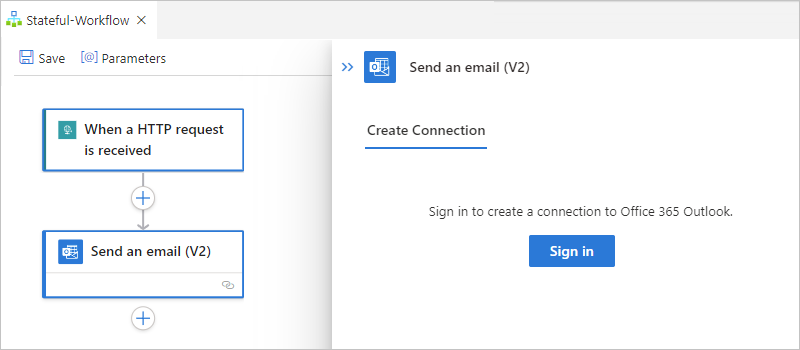 Screenshot che mostra l'azione denominata Invia un messaggio di posta elettronica (V2) con il pulsante di accesso selezionato.