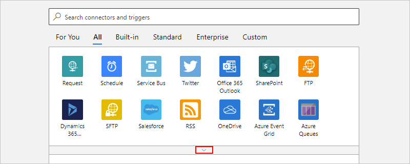 Screenshot che mostra portale di Azure, finestra di progettazione per il flusso di lavoro a consumo e freccia giù selezionata per visualizzare più connettori con trigger.