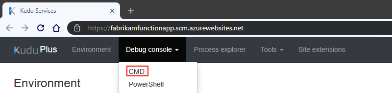 Screenshot che mostra la pagina servizi Kudu con il menu 
