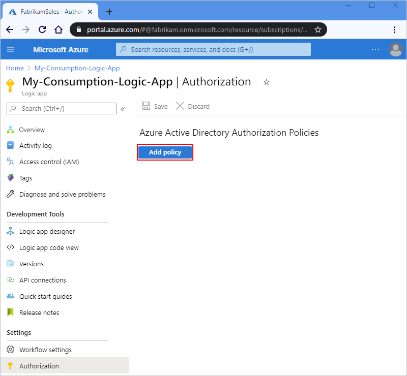 Screenshot che mostra portale di Azure, menu dell'app per la logica a consumo, pagina Autorizzazione e pulsante selezionato per aggiungere i criteri.