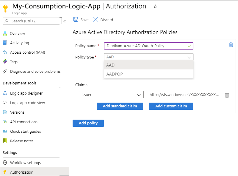 Screenshot che mostra portale di Azure, pagina Autorizzazione dell'app per la logica a consumo e informazioni per i criteri di autorizzazione.