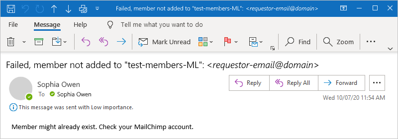 Screenshot che mostra il messaggio di posta elettronica di esempio per una sottoscrizione non riuscita.