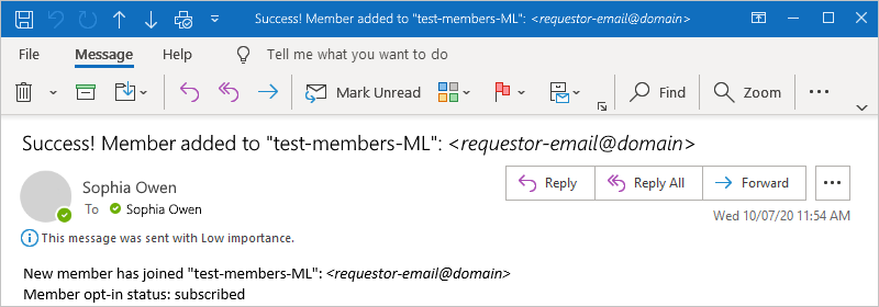 Screenshot che mostra il messaggio di posta elettronica di esempio per una sottoscrizione riuscita.