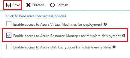 Screenshot of the key vault's access configuration that enables Azure Resource Manager for template deployment.