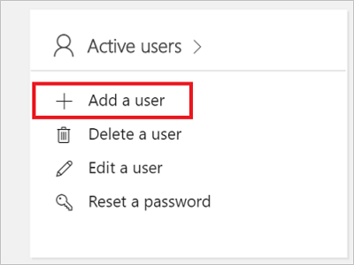 Screenshot che illustra l'opzione Aggiungi utente interfaccia di amministrazione di Microsoft 365.