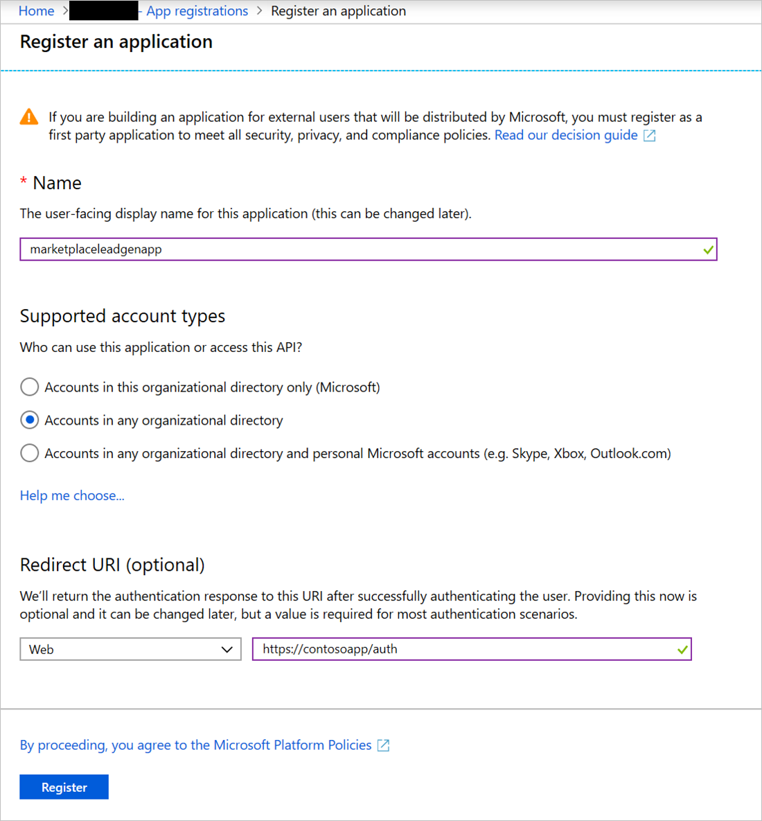 Screenshot che illustra la pagina Registra un'applicazione.
