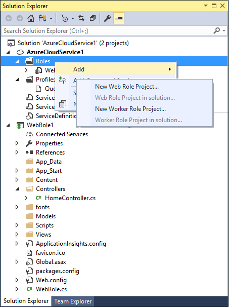 Opzioni di menu per aggiungere un ruolo a un progetto di servizio cloud di Azure