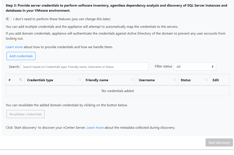 Screenshot che mostra l'inserimento delle credenziali per l'inventario software, l'analisi delle dipendenze e l'individuazione del server q l.